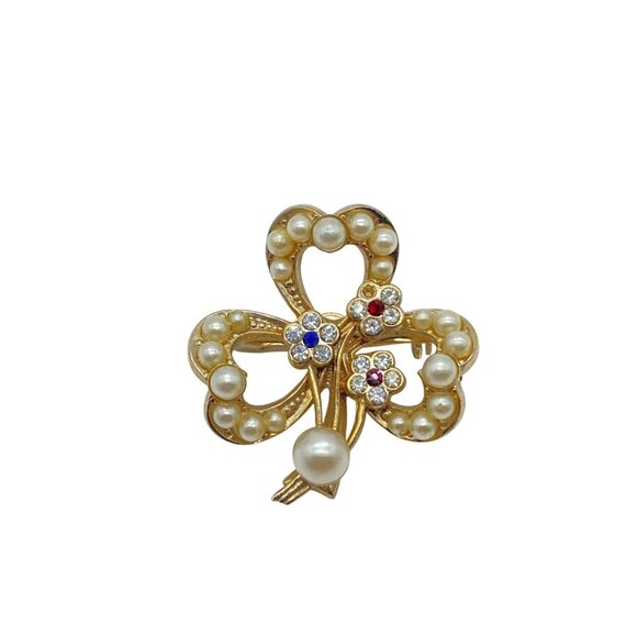 Jewelry - Vintage Gold-Tone Shamrock Brooch With Faux Pearls & Rhinestone Flowers